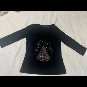 Sparkling rhinestone Christmas tree quarter sleeve top black, medium